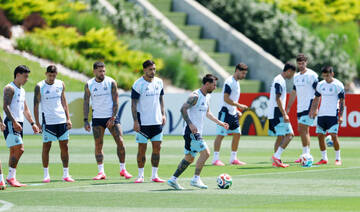 Argentina's Lionel Messi with teammates during training. (REUTERS)
