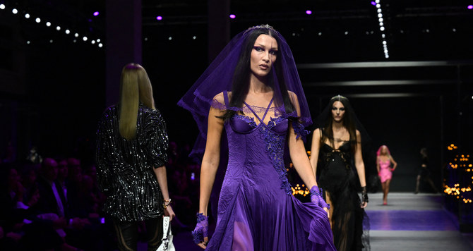 bella hadid versace purple dress
