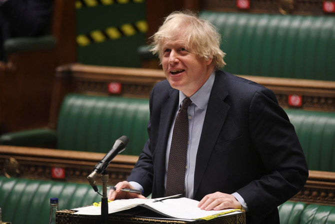 Britain's PM Boris Johnson speaks speaks about his government's 'Integrated Review' during a parliament session at the House of Commons in London on March 16, 2021. (UK Parliament/ handout via REUTERS)