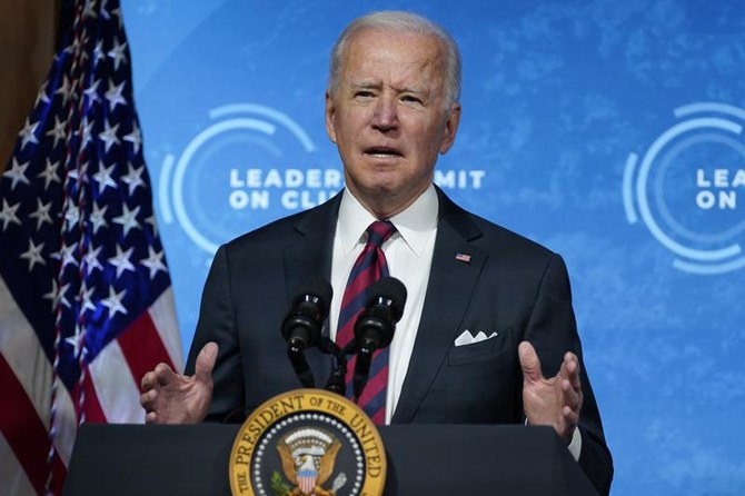 US President Joe Biden during the virtual Leaders Summit on Climate, from the White House in Washington on April 22, 2021. (AP Photo/Evan Vucci)