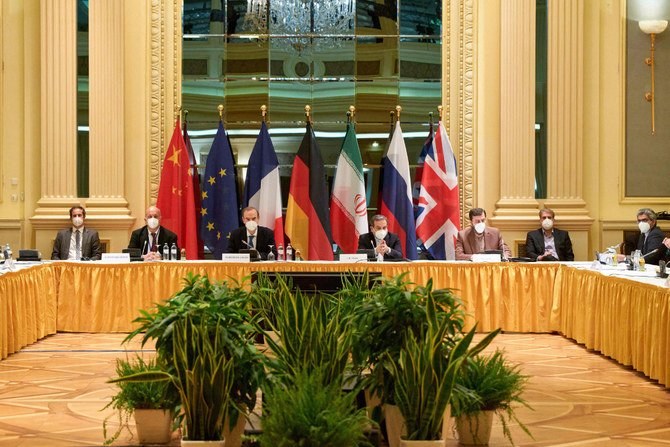 Representatives from Germany, France, Britain, China, Russia and Iran are shown attending a meeting at the Grand Hotel of Vienna as they try to restore the Iran nuclear deal. (AFP)