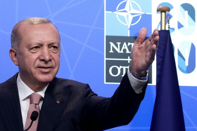 Turkey's President Tayyip Erdogan holds a news conference during the NATO summit at the Alliance's headquarters in Brussels, Belgium, on June 14, 2021. (REUTERS file)