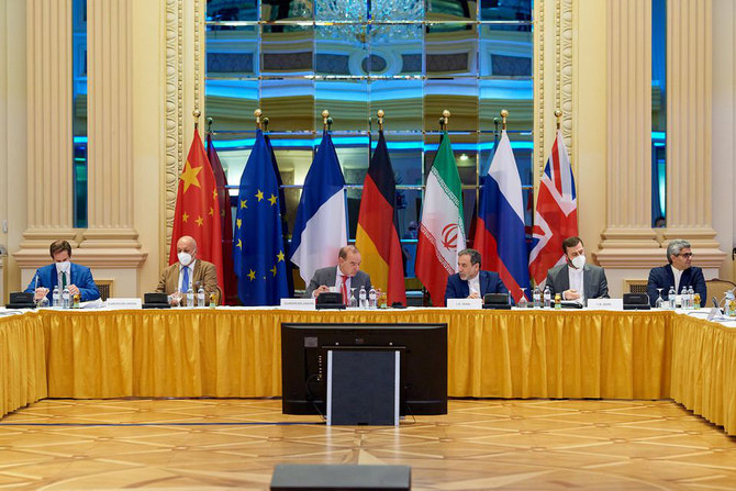 Iranian Deputy at Ministry of Foreign Affairs Abbas Araghchi (3rd right) attending the talks on reviving the 2015 Iran nuclear deal in Vienna, Austria on June 20, 2021. (EU handout via REUTERS)