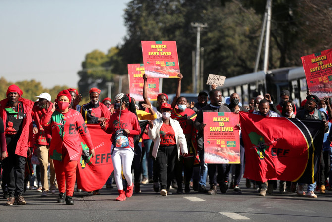 Supporters of the Economic Freedom Fighters march to demand a rollout of COVID-19 vaccines in Pretoria, South Africa, on June 25, 2021. (REUTERS/Siphiwe Sibeko/File)