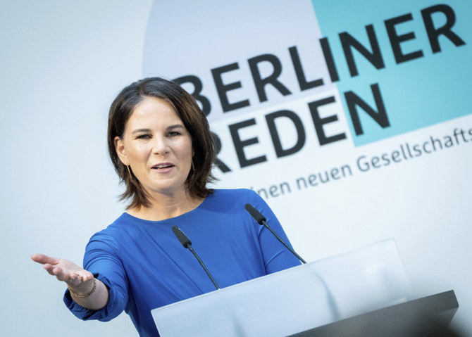 Annalena Baerbock, candidate for chancellor and co-leader German Green Party, delivers a speech called "Berliner Reden: For a New Social Contract" at the Allianz Forum in Berlin on Aug 20, 2021. (Kay Nietfeld/dpa via AP) 