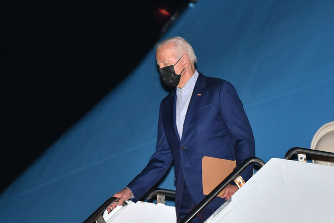 US President Joe Biden steps off Air Force One upon arrival in Philadelphia on Sept. 3, 2021. After surrendering to the Taliban, the US has lost its credibility to its Mideast allies. (AFP)