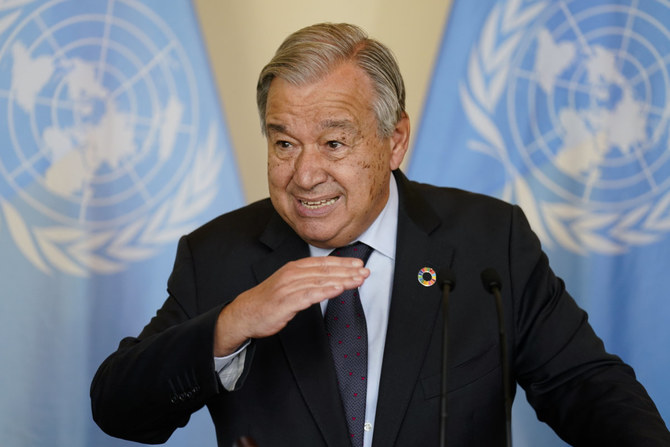 UN Secretary-General Antonio Guterres speaks to reporters after a meeting with British PMBoris Johnson for climate change discussions at UN headquarters in New York on Sept. 20, 2021k. (AP/Pool)