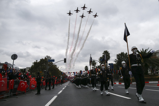 Turkish soldiers parade during the celebration of Turkey's Republic Day in Istanbul on Oct. 29, 2021. Turkey's cross-border operations in Syria and Iraq is a key issue in the country's 2023 election. (AP)