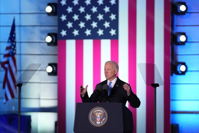 US President Joe Biden delivers a speech at the Royal Castle in Warsaw, Poland, on March 26, 2022, during the final leg of his four-day trip to Europe amid Russia's invasion of Ukraine. (AP)