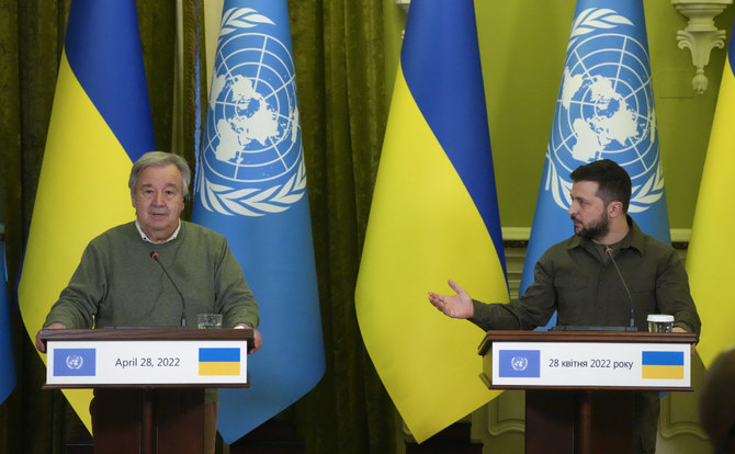 UN Secretary-General Antonio Guterres, left, attends a news conference with Ukrainian President Volodymyr Zelenskyy in Kyiv on A